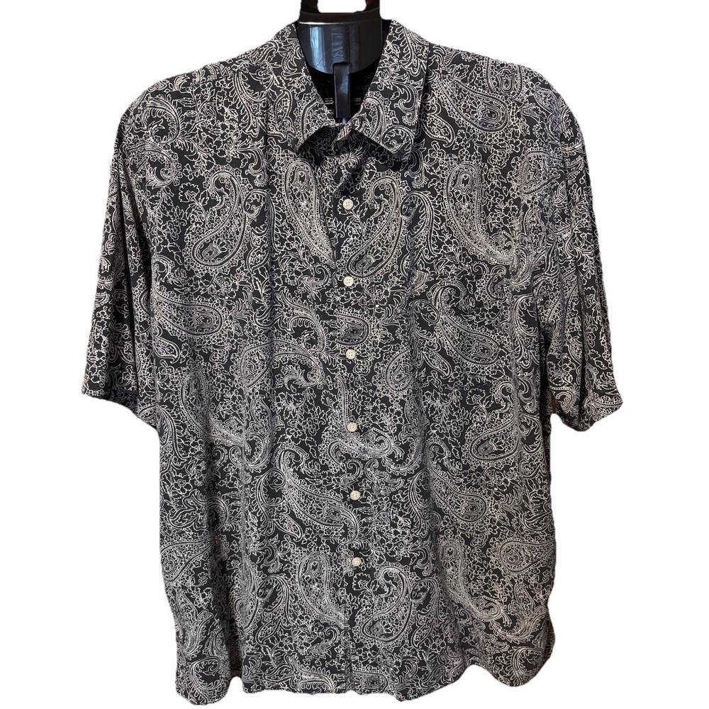 Lyle & Scott Mens XL 100% Silk Black White‎ Camp Shirt Paisley Luau Beach Party